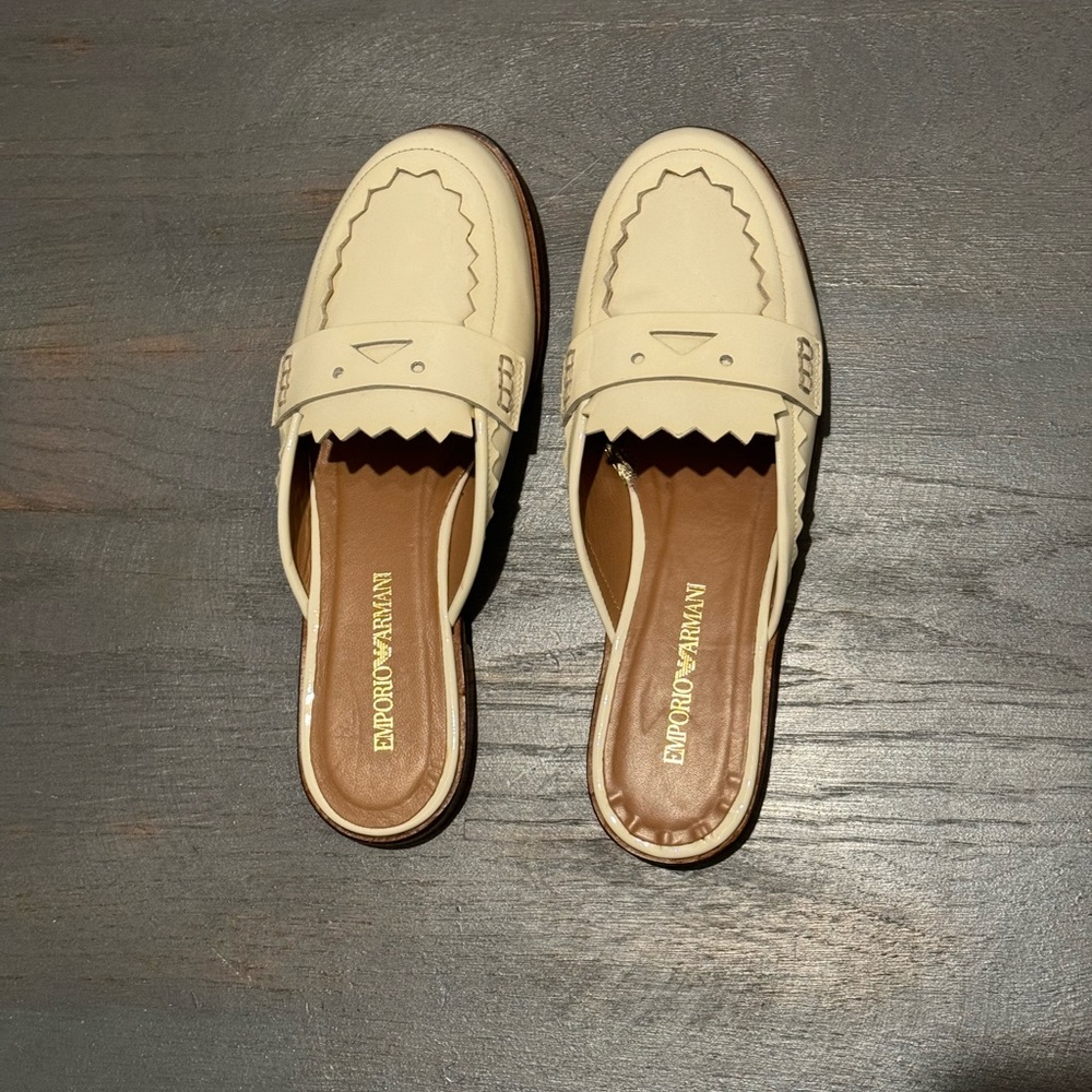Emporio Armani Cream Leather Slip-On Kiltie Mules